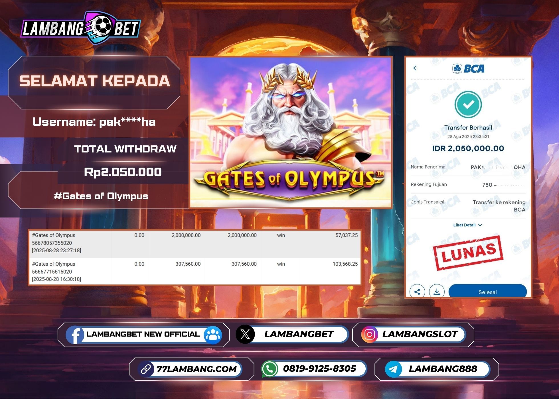 LAMBANGBET [28 AUGUST 2025] JACKPOT SLOT Gates of Olympus "Rp2.050.000" LUNAS